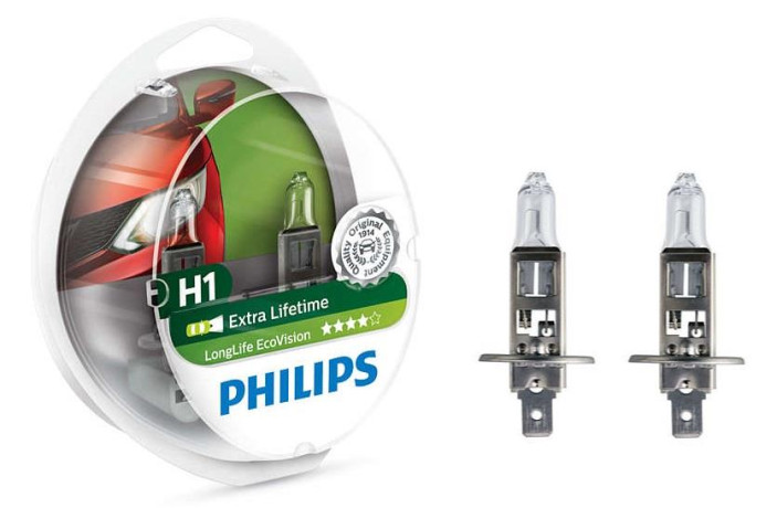 Лампа галогенная PHILIPS H1 LongLife EcoVision 12V 55W, 2 шт