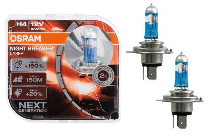Лампа галогенная OSRAM H4 Night Breaker Laser +150% 12V 60/55W, 2шт