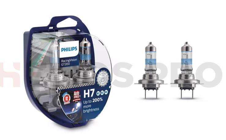 Лампа галогенная PHILIPS H7 Racing Vision GT200 +200% 12V 55W (PX26d), 2 шт